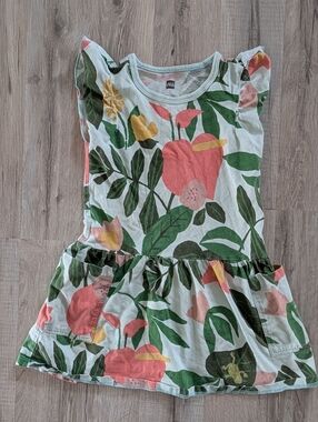 Tea Collection Floral Dress with Green Leaves and Pink & Yellow Blooms, 4T (V8)